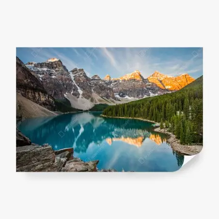 Wall mural sunlit alpine lake reflection • Wallissimo®