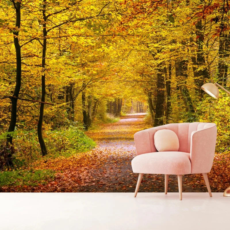 Wall mural golden autumn forest pathway