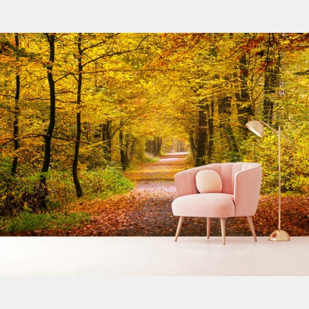 Wall mural golden autumn forest pathway • Wallissimo®