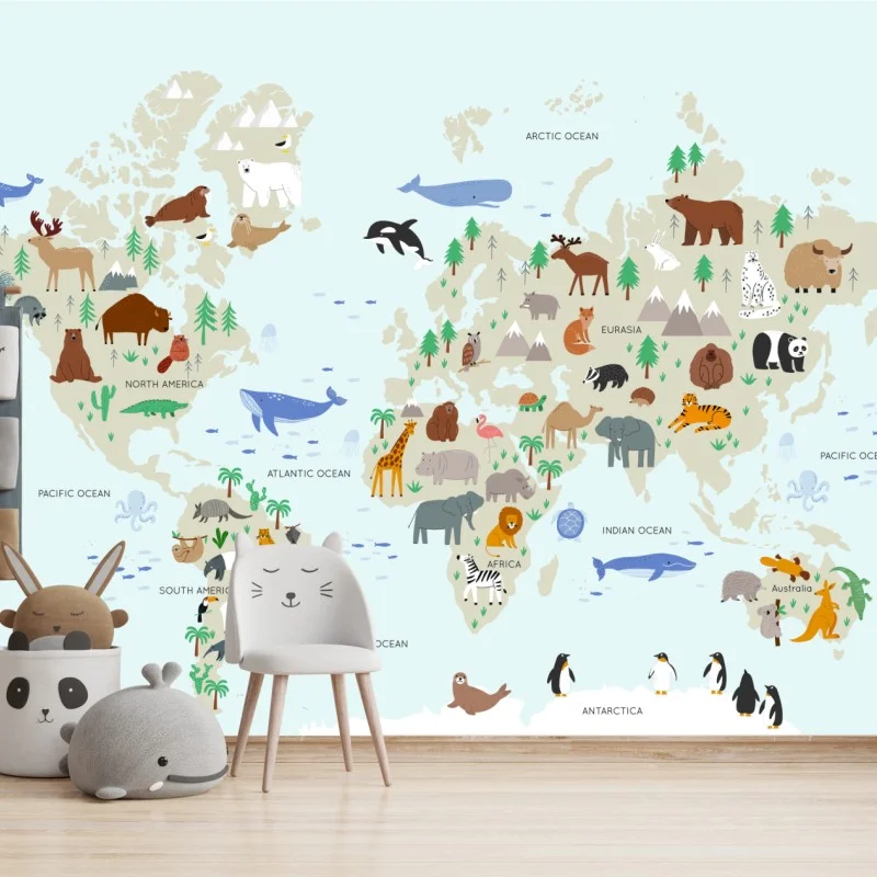 Wall mural animal world map for kids