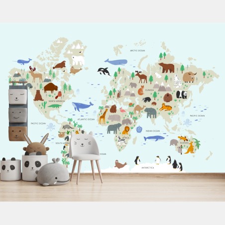 Wall mural animal world map for kids • Wallissimo®