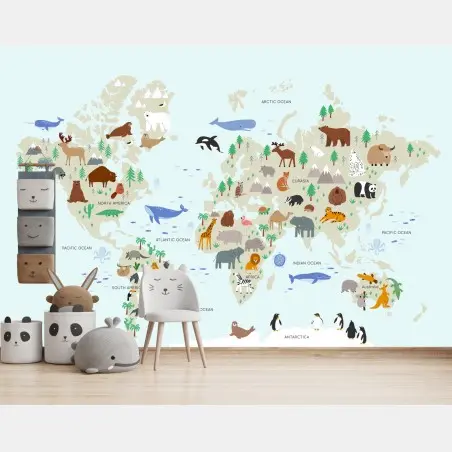 Wall mural animal world map for kids • Wallissimo®
