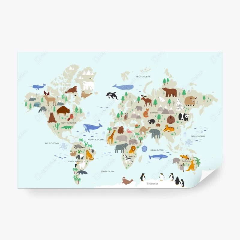 Wall mural animal world map for kids