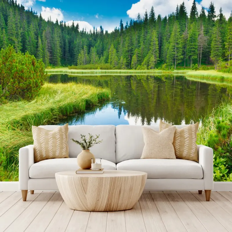 Wall mural tranquil forest lake with wooden bridge