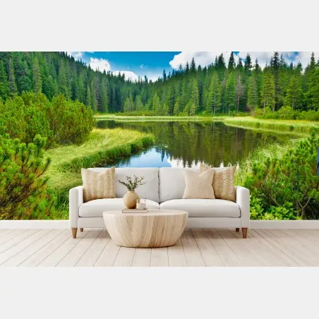 Wall mural tranquil forest lake with wooden bridge • Wallissimo®