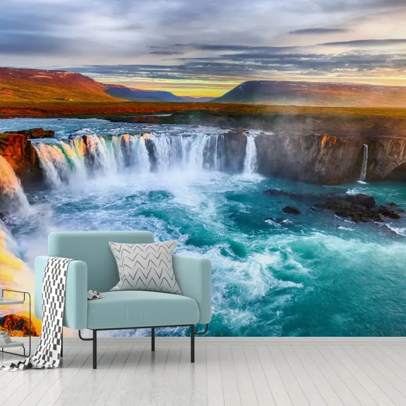 Wall mural Godafoss waterfall sunrise panorama