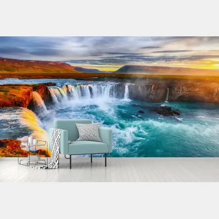 Wall mural Godafoss waterfall sunrise panorama • Wallissimo®