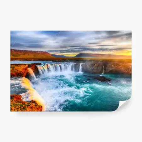 Wall mural Godafoss waterfall sunrise panorama • Wallissimo®