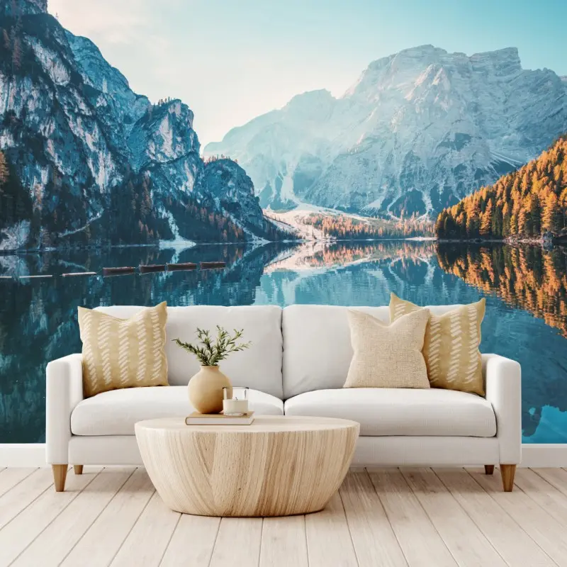 Wall mural sunlit dock at Braies Lake, Dolomites