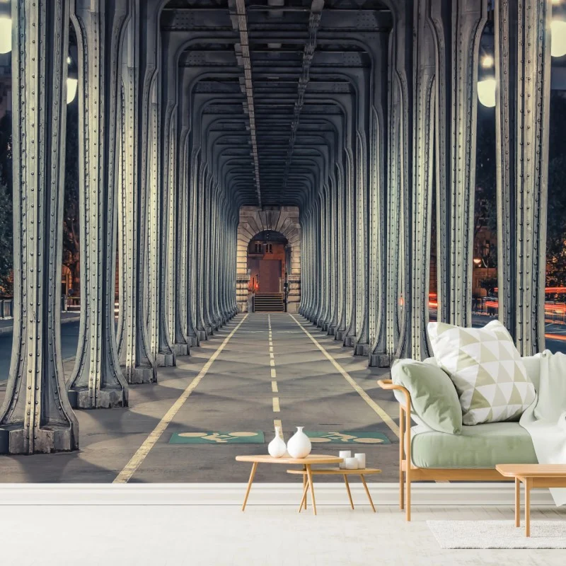 Wall mural symmetrical iron bridge corridor at night