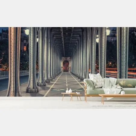 Wall mural symmetrical iron bridge corridor at night • Wallissimo®