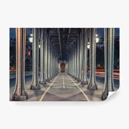 Wall mural symmetrical iron bridge corridor at night • Wallissimo®