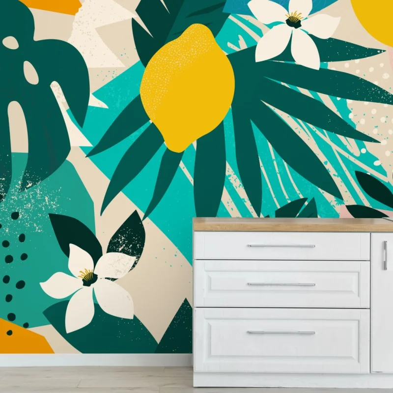 Wall mural tropical lemon leaves pattern