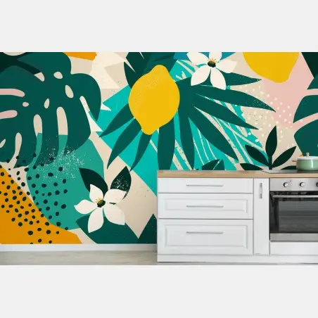 Wall mural tropical lemon leaves pattern • Wallissimo®