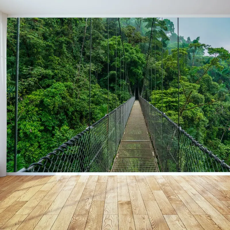 Wall mural suspension canopy bridge through lush rainforest