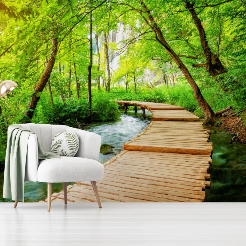 Wall mural wooden boardwalk through Plitvice Lakes