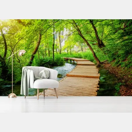 Wall mural wooden boardwalk through Plitvice Lakes • Wallissimo®