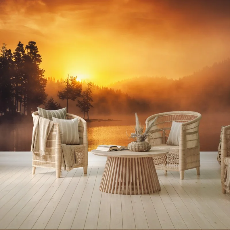 Wall mural golden sunrise over a misty lake