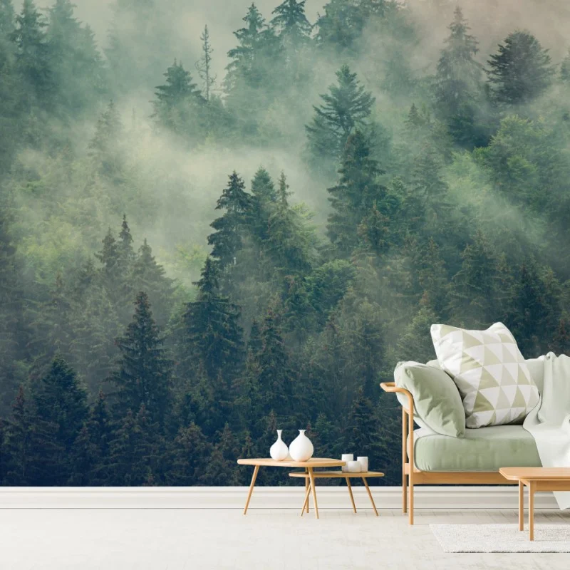 Wall mural misty evergreen forest at dawn