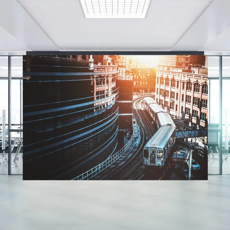 Wall mural Chicago elevated train between buildings