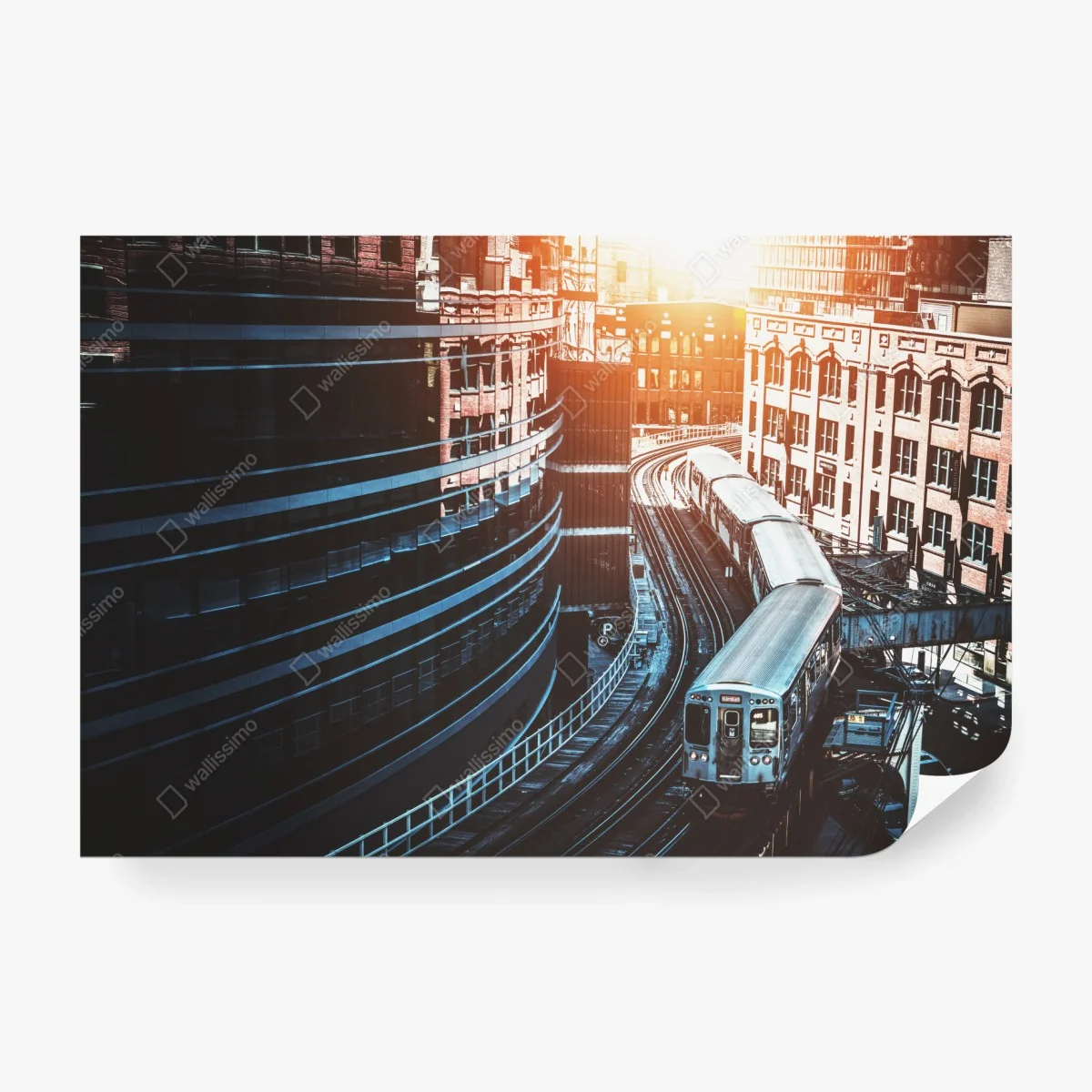 Wall mural Chicago elevated train between buildings • Wallissimo®