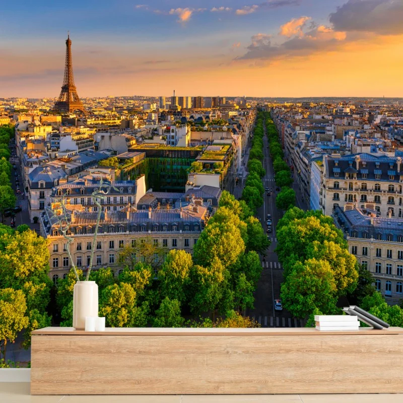 Wall mural sunset skyline of Paris with Eiffel Tower
