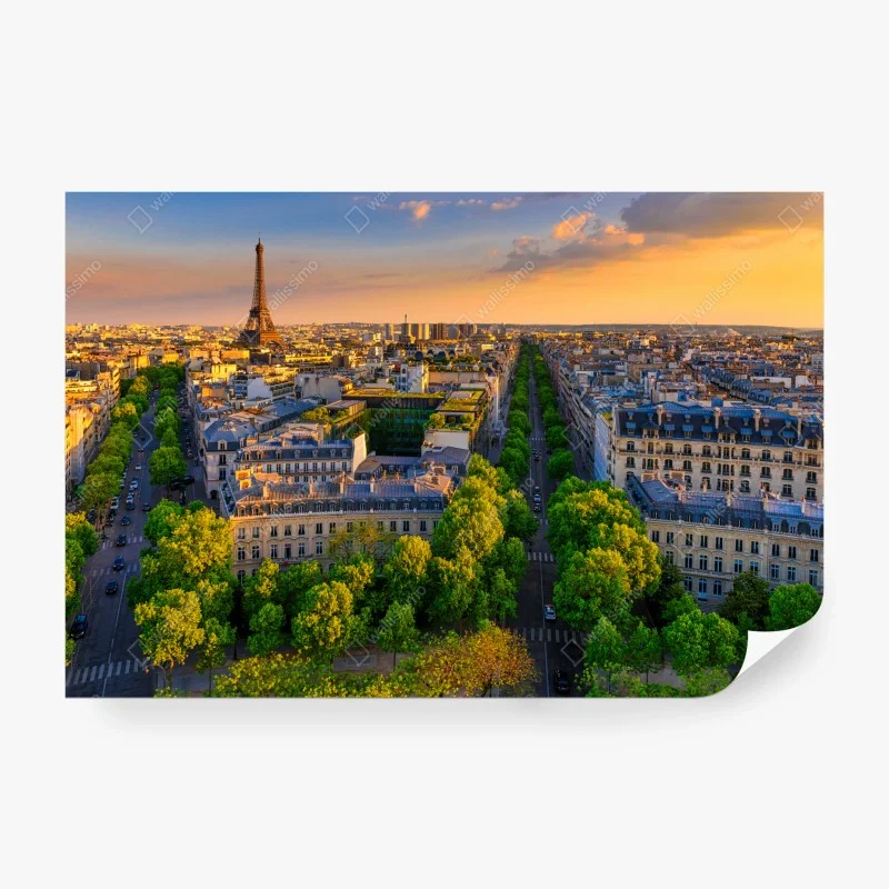 Wall mural sunset skyline of Paris with Eiffel Tower