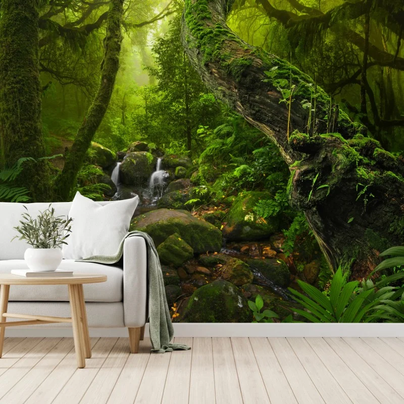Wall mural mossy forest stream at dawn