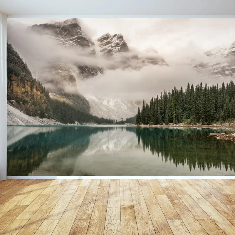 Wall mural misty mountain lake reflection