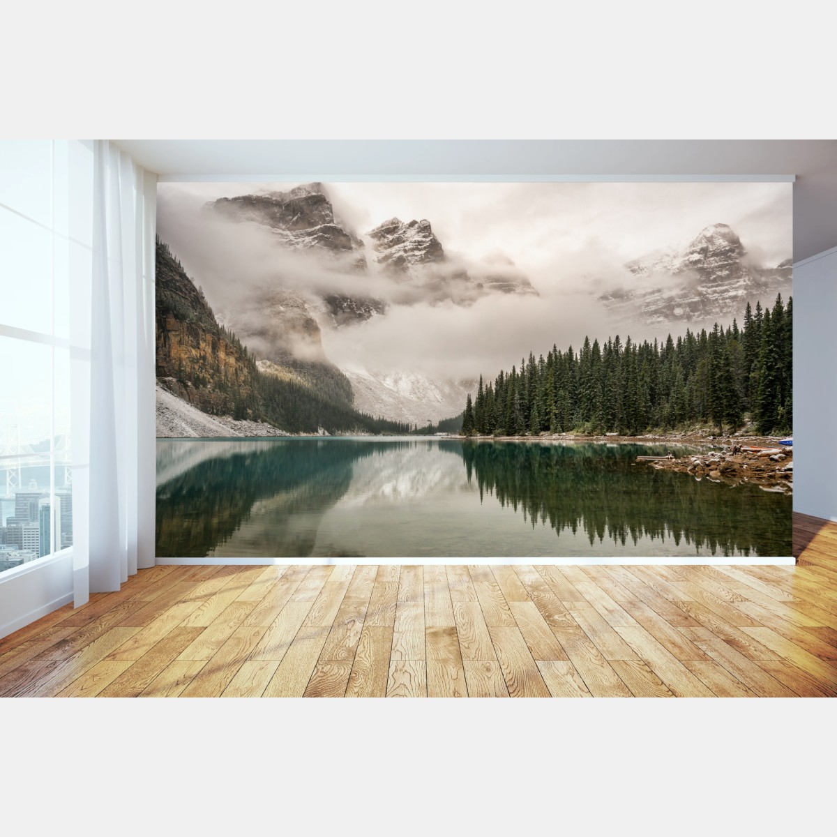 Wall mural misty mountain lake reflection • Wallissimo®