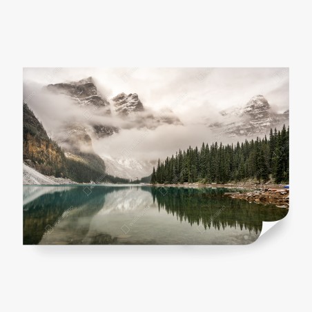 Wall mural misty mountain lake reflection • Wallissimo®