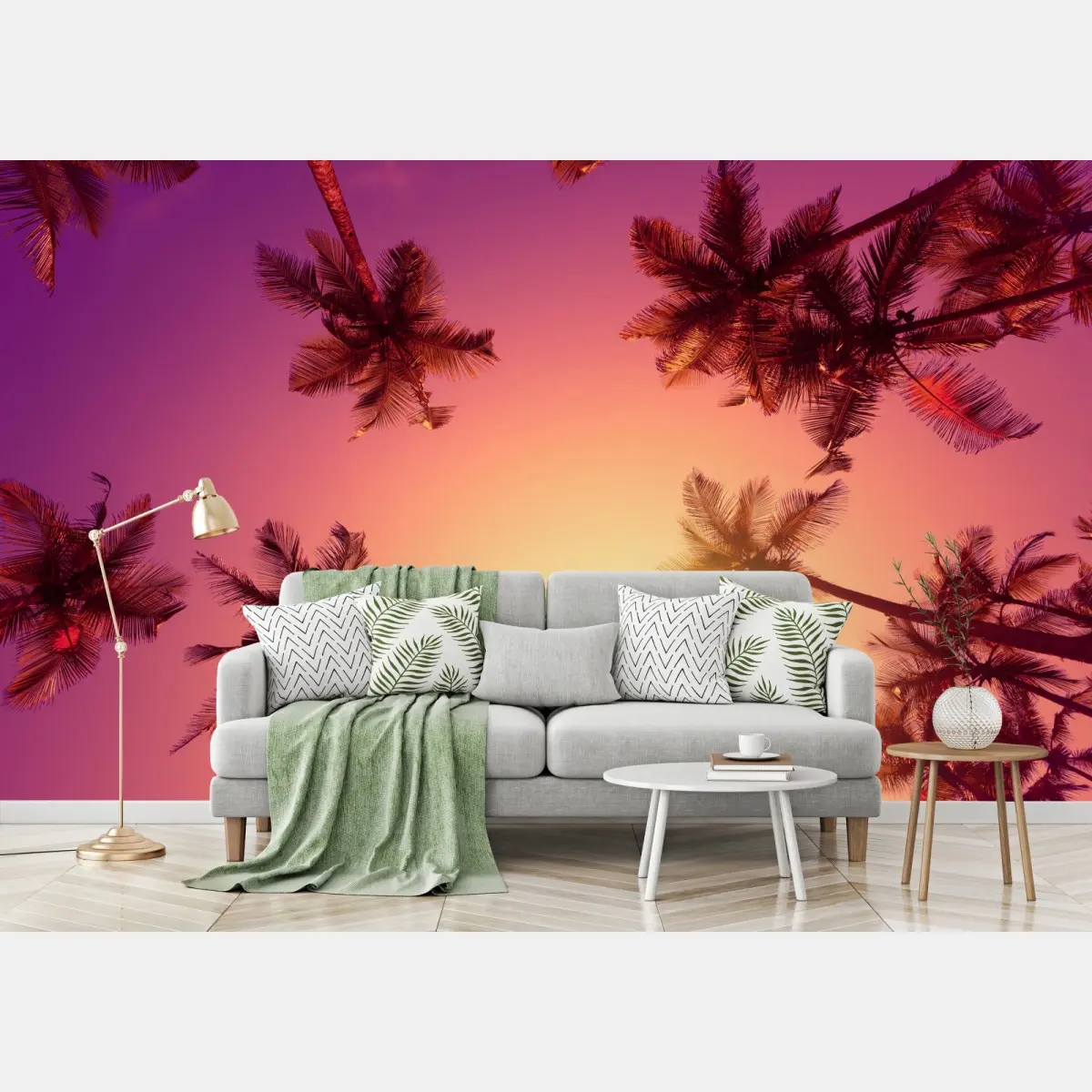 Wall mural vivid tropical sunset with palm silhouettes • Wallissimo®