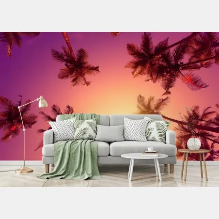 Wall mural vivid tropical sunset with palm silhouettes • Wallissimo®