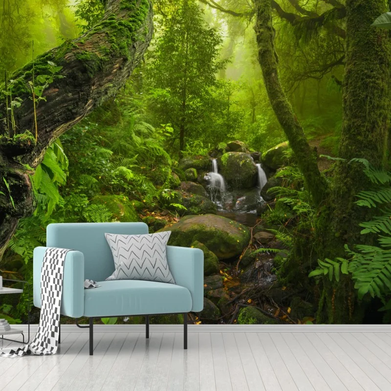 Wall mural lush green forest stream