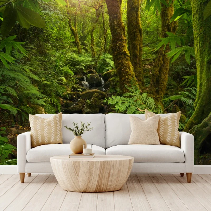 Wall mural mossy forest stream in sunlight