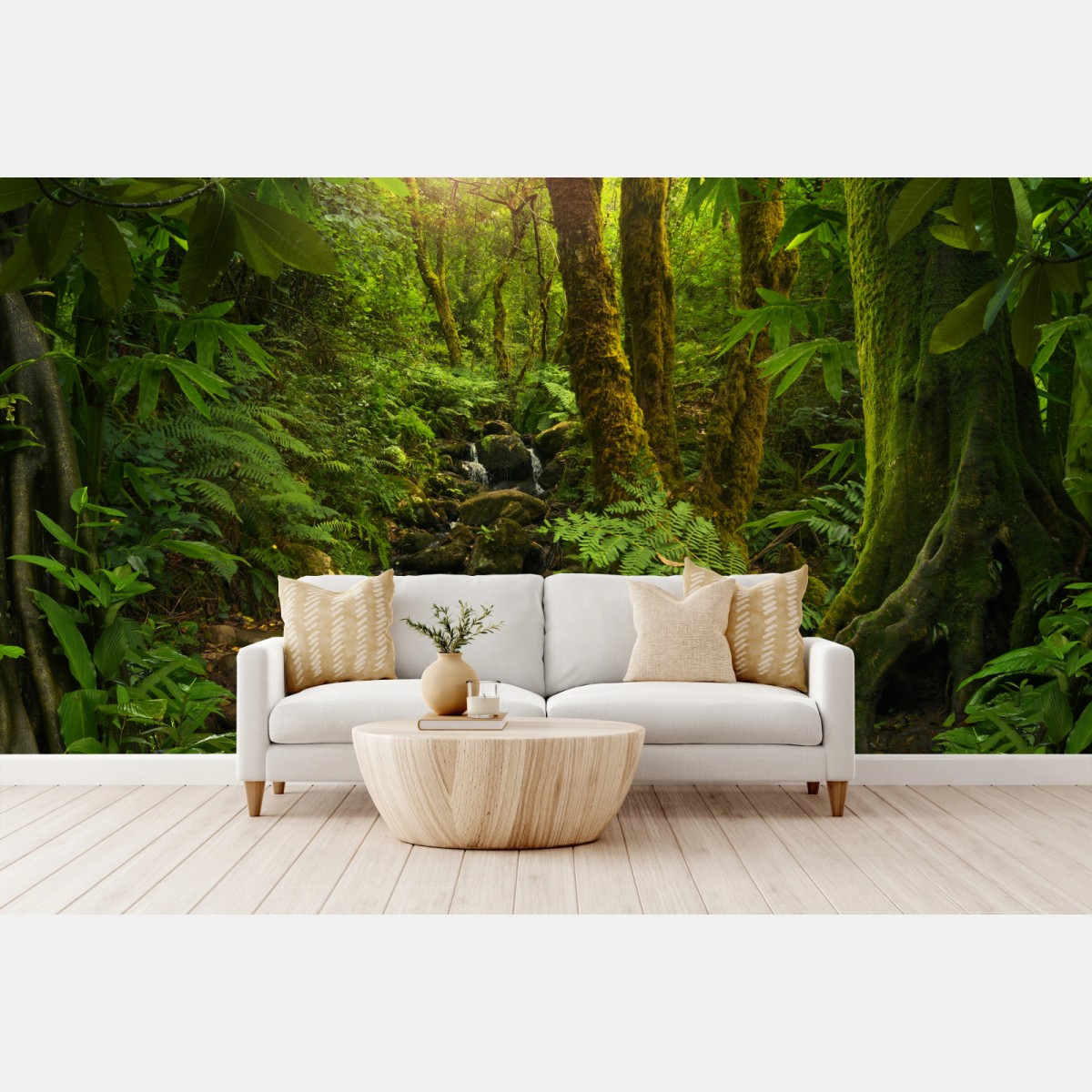 Wall mural mossy forest stream in sunlight • Wallissimo®