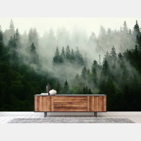 Wall mural misty evergreen forest • Wallissimo®