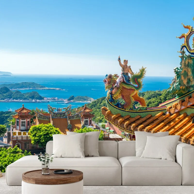 Wall mural temple overlooking the coast of Jiufen, Taiwan