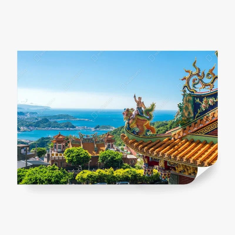 Wall mural temple overlooking the coast of Jiufen, Taiwan