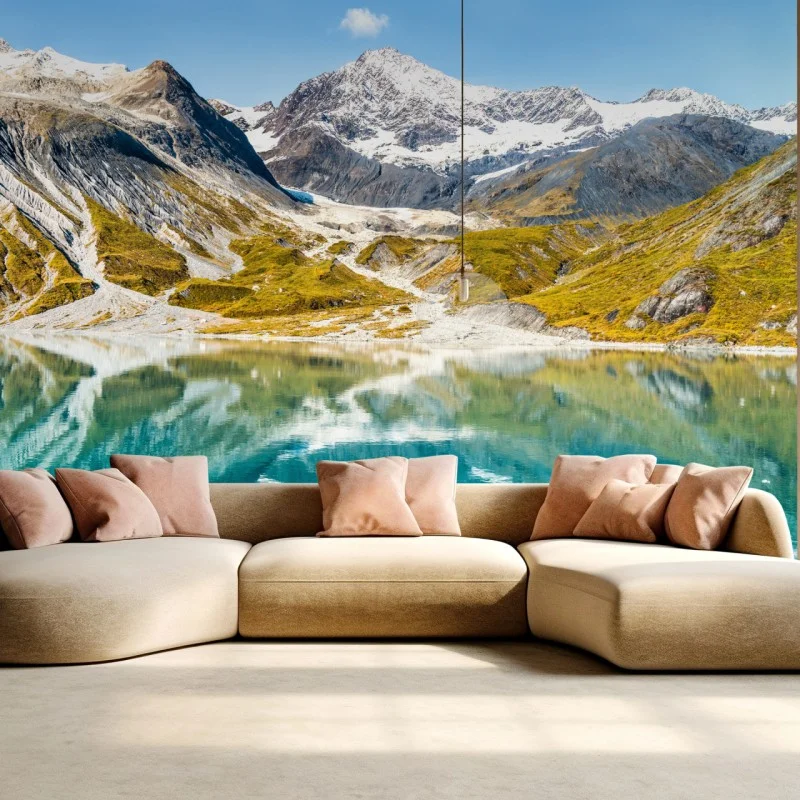 Wall mural serene alpine lake with snow-capped peaks