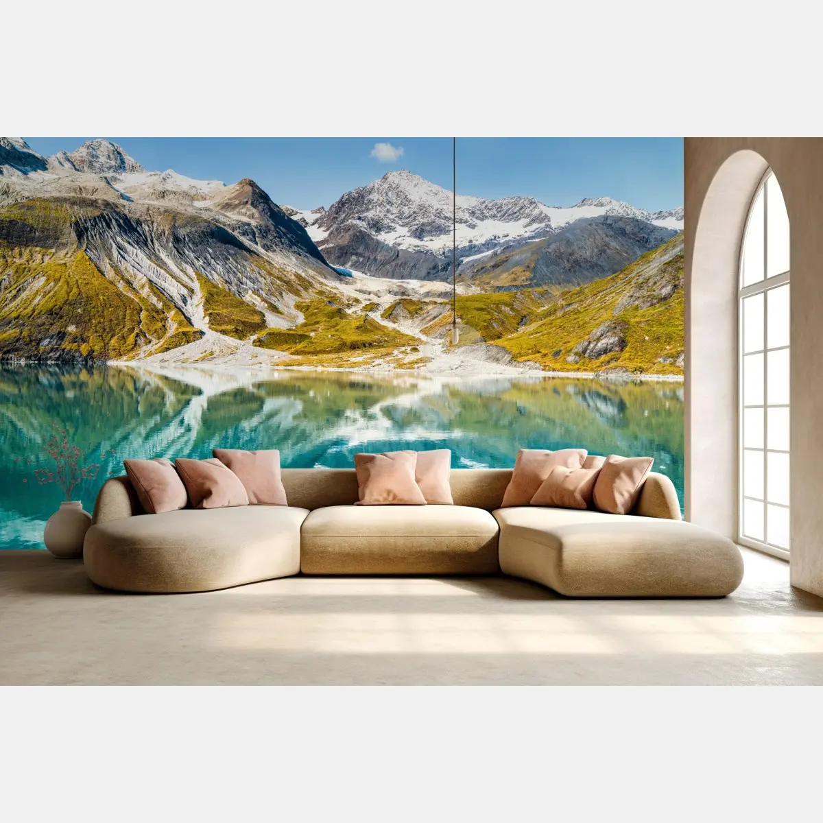 Wall mural serene alpine lake with snow-capped peaks • Wallissimo®