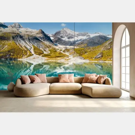 Wall mural serene alpine lake with snow-capped peaks • Wallissimo®