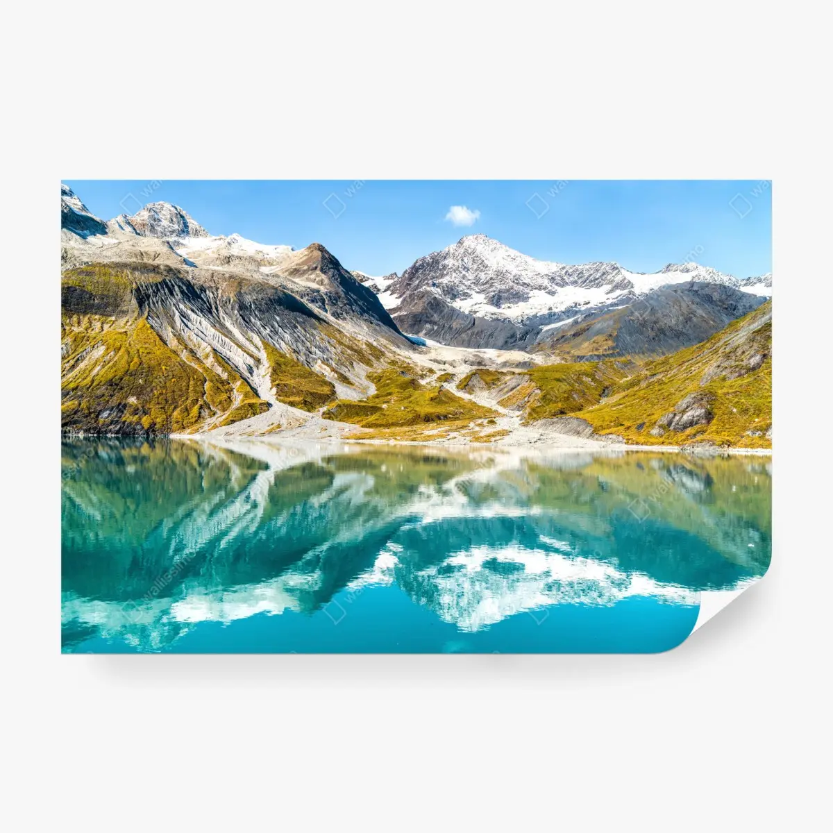 Wall mural serene alpine lake with snow-capped peaks • Wallissimo®