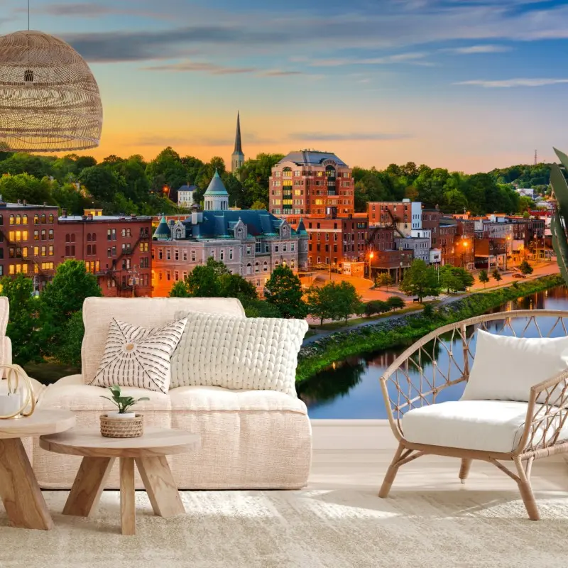 Wall mural Augusta skyline at sunset over the Kennebec River