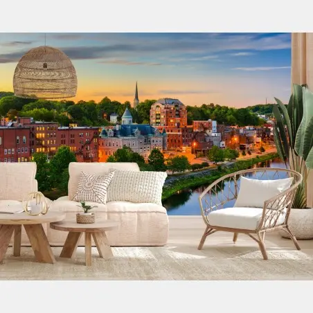 Wall mural Augusta skyline at sunset over the Kennebec River • Wallissimo®