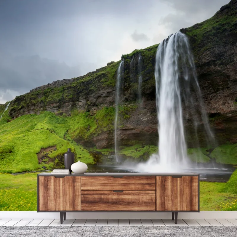 Wall mural dramatic waterfall at Seljalandsfoss, Iceland