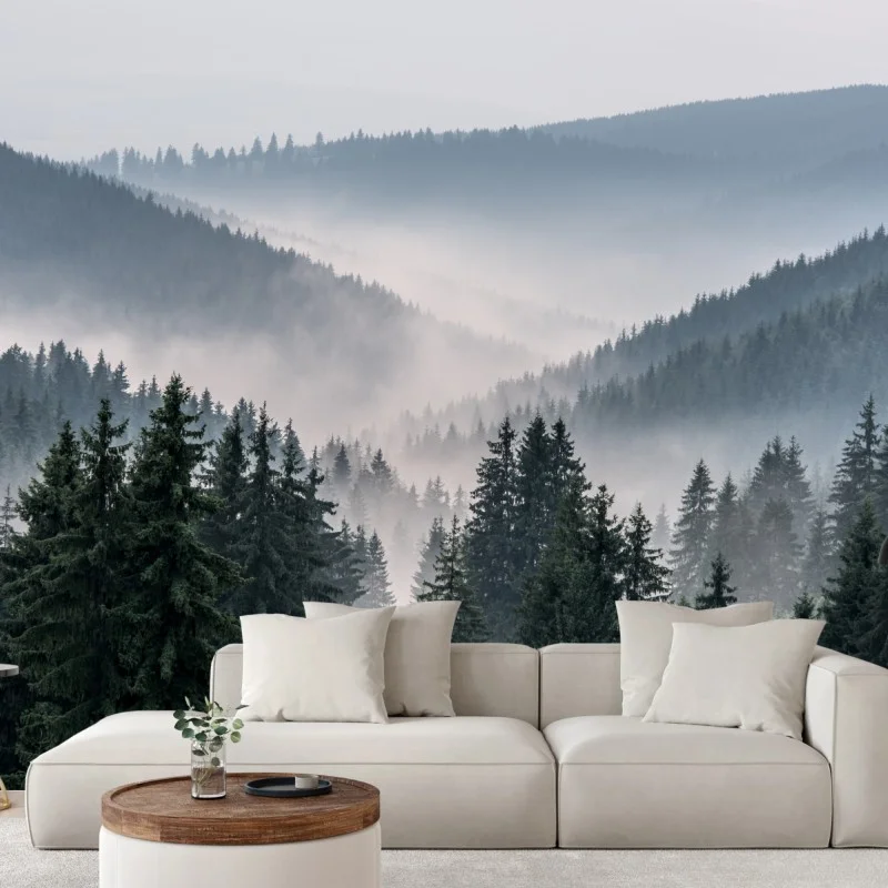 Wall mural misty mountain forest panorama