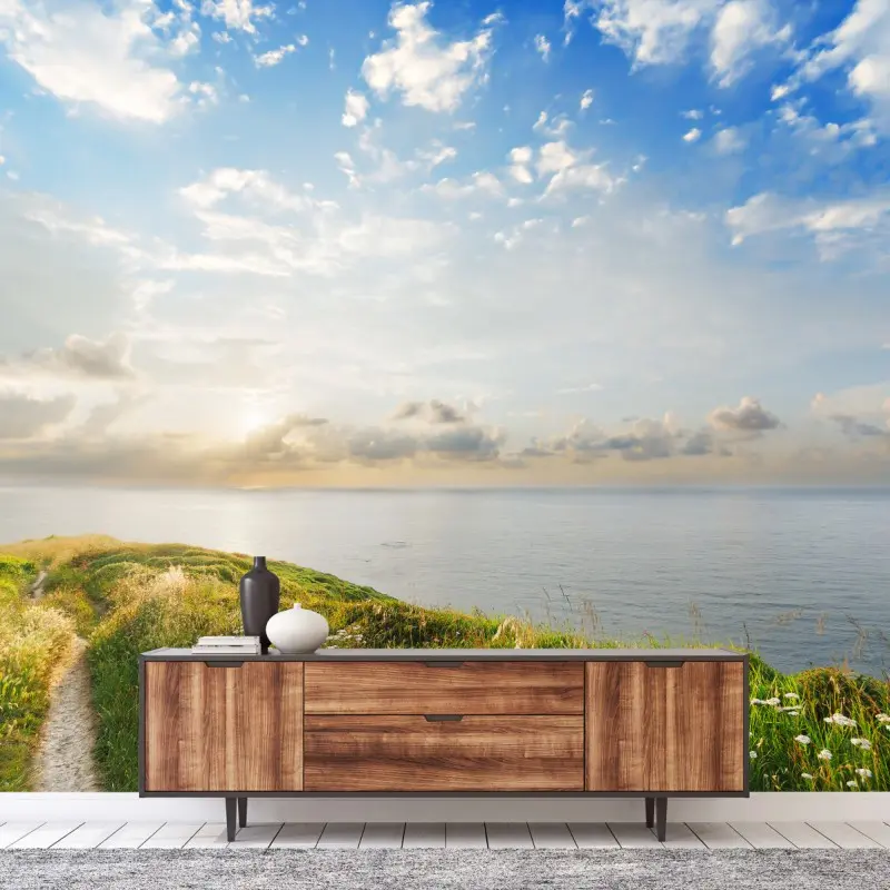 Wall mural sunlit coastal path to the sea
