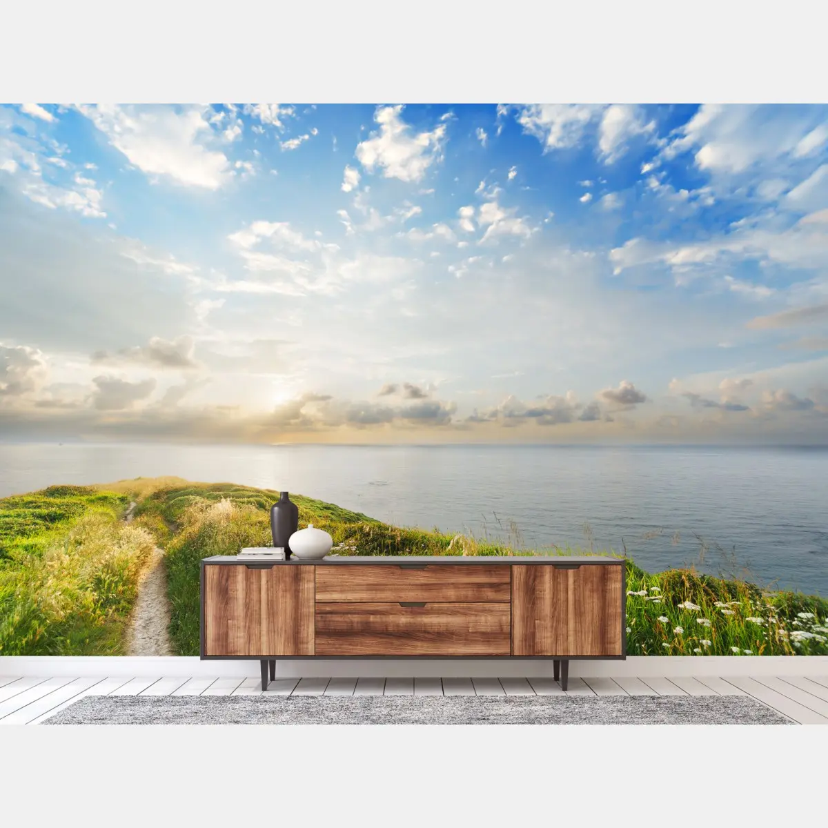 Wall mural sunlit coastal path to the sea • Wallissimo®