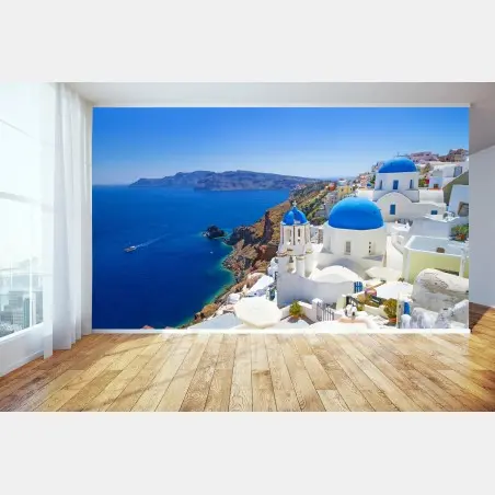 Wall mural Santorini blue domes over the caldera • Wallissimo®